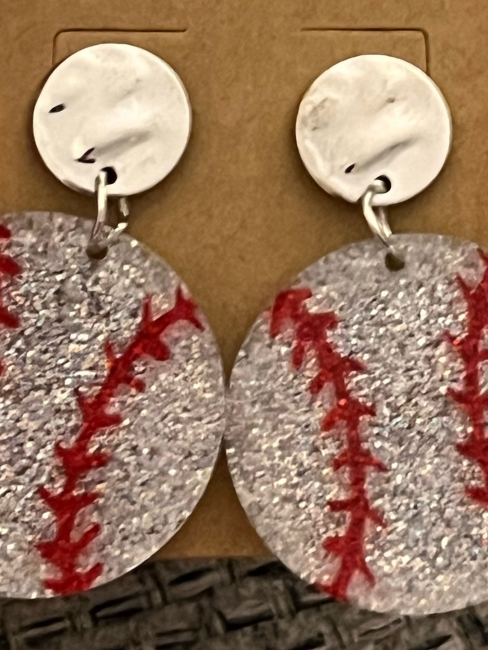 Baseball Stitch Glitter Drop Earrings - Silver & Red